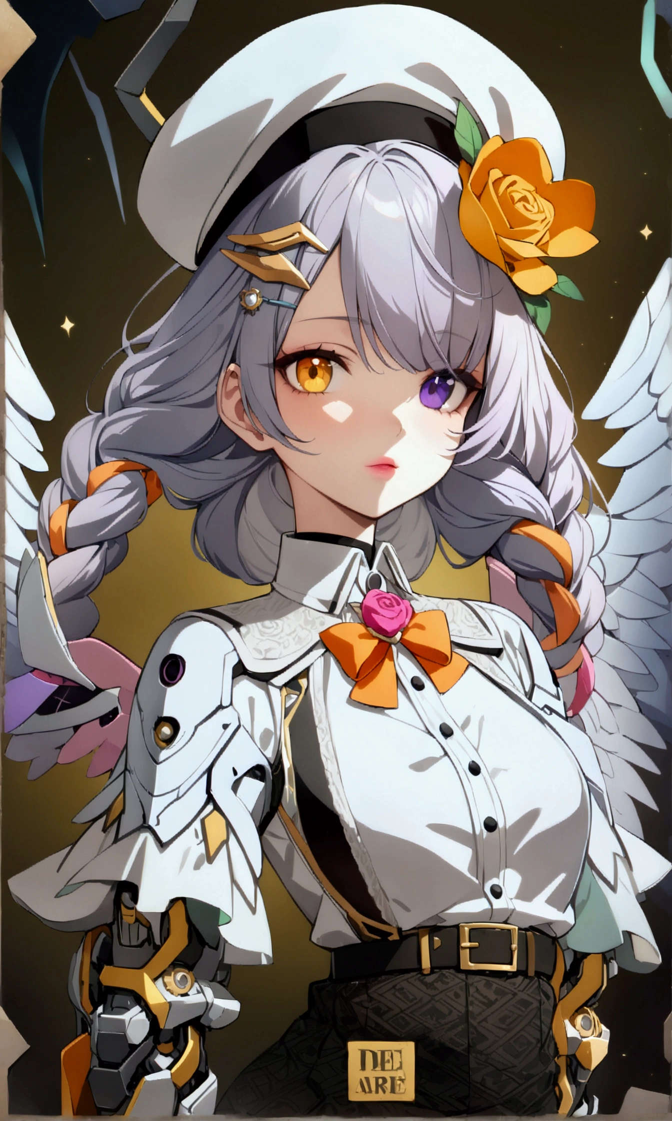 woman 165cm tall, slim build, , charming look, ((heterocromia: look like, derecho naranja y look like izquierdo violeta)), (Shoulder Length Wavy Gray Hair, a short braid on the left side of the hair, big open bangs, golden gear hairpin in hair), (((complex mechanical legs up to the hip, The legs are black with gray parts with small pink details))), (((complex mechanical arms up to the elbows, The arms are black with gray parts with small pink details))), (complex white mechanical angel wings with pastel green parts), (elegant black French beret with an orange rose ribbon), (stylish white short sleeve button down shirt, dark brown shorts from the waist, elegant black belt, small rose brooch on the neck, beautiful mechanical stiletto heels), extremely detailed beautiful hair, beautiful detailed clothing, extremely detailed arms, extremely detailed face, (Extremely detailed hands), perfect hands, small face, hermosos look likes detallados, beautiful detailed lips, adorable, extremely detailed legs, (Best Quality, 8k, ultra resolution), ultra detailed, Exquisite and epic character art, ((Pastel yellow background)), (Focus on symmetry), (extremely detailed wings), (((arte conceptual detallado de Whole body))), Whole body.