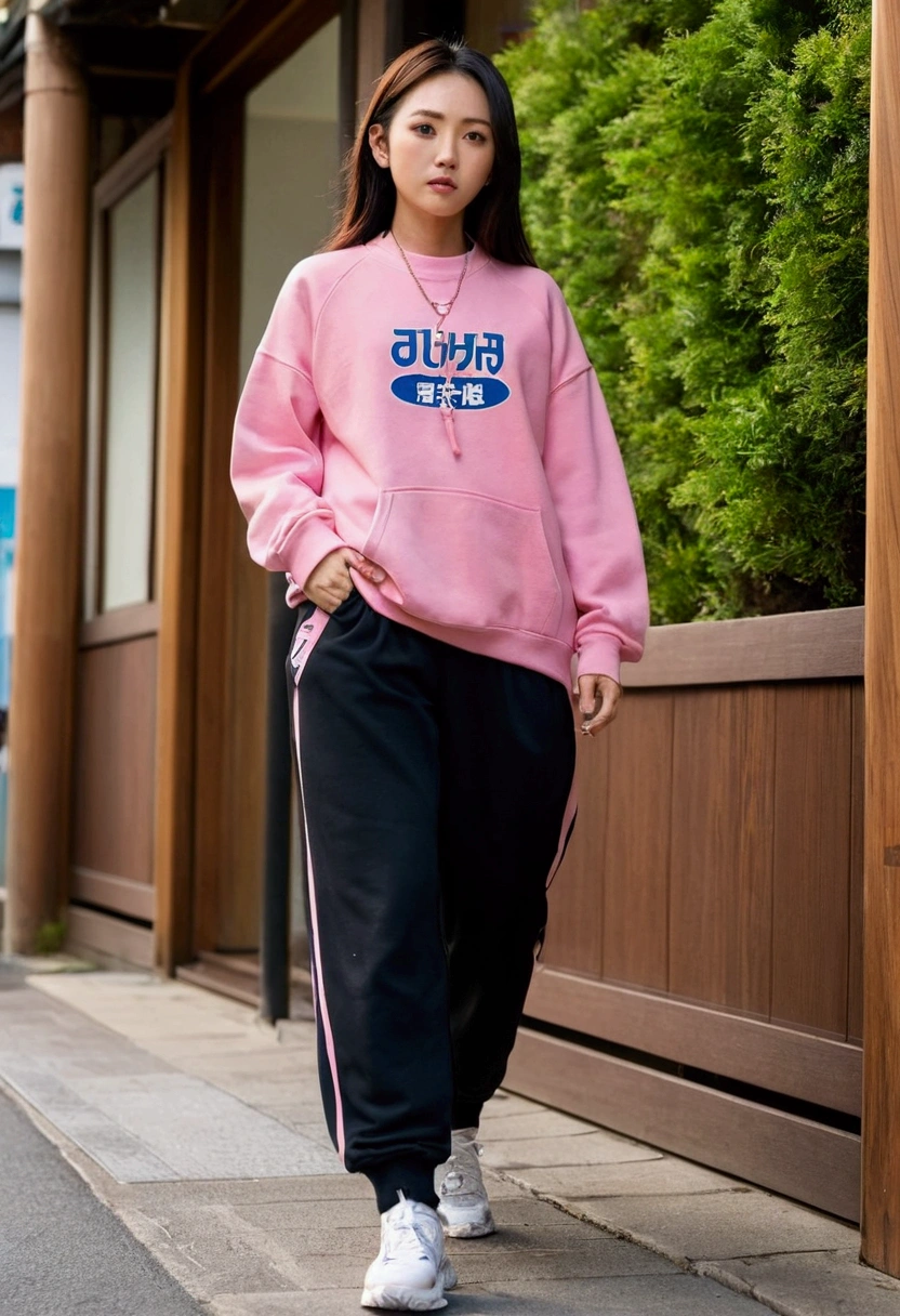 A woman wearing a pink sweatshirt and black pants is walking down the street, mid shot Portraiture, Wear athletics clothing, Japanese Streetwear, Chiho, wearing a tracksuit, full body!!, Complex!!, 🚿🗝📝, She wears streetwear, Cute Sportswear, full_body!!, tsubasa nakai's style, Portraiture!!, Vibrant colors!!