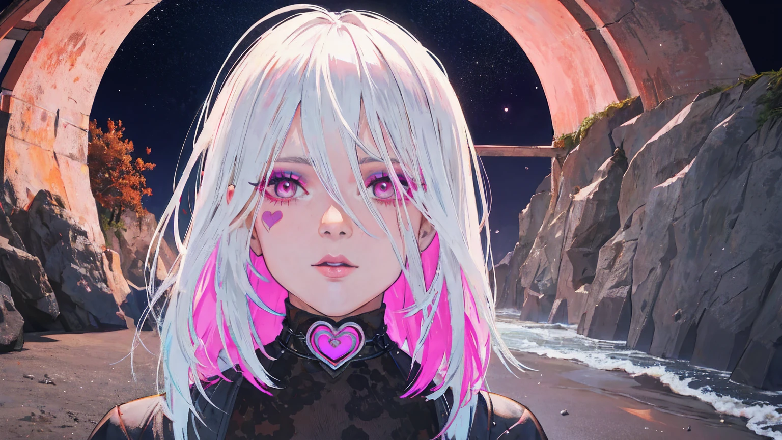 (​masterpiece), (best quality), Ultra resolution, muito detalhado, facing to viewer, anime-style, (Face shooting), white hair with pink at the ends, Gothic Kleid, dead by daylight Zobel ward, Zobel, (Viewers look at), Heart symbol on the right side of her face, dunkles Make-up, Walking on a beach at night and romantic moonlight