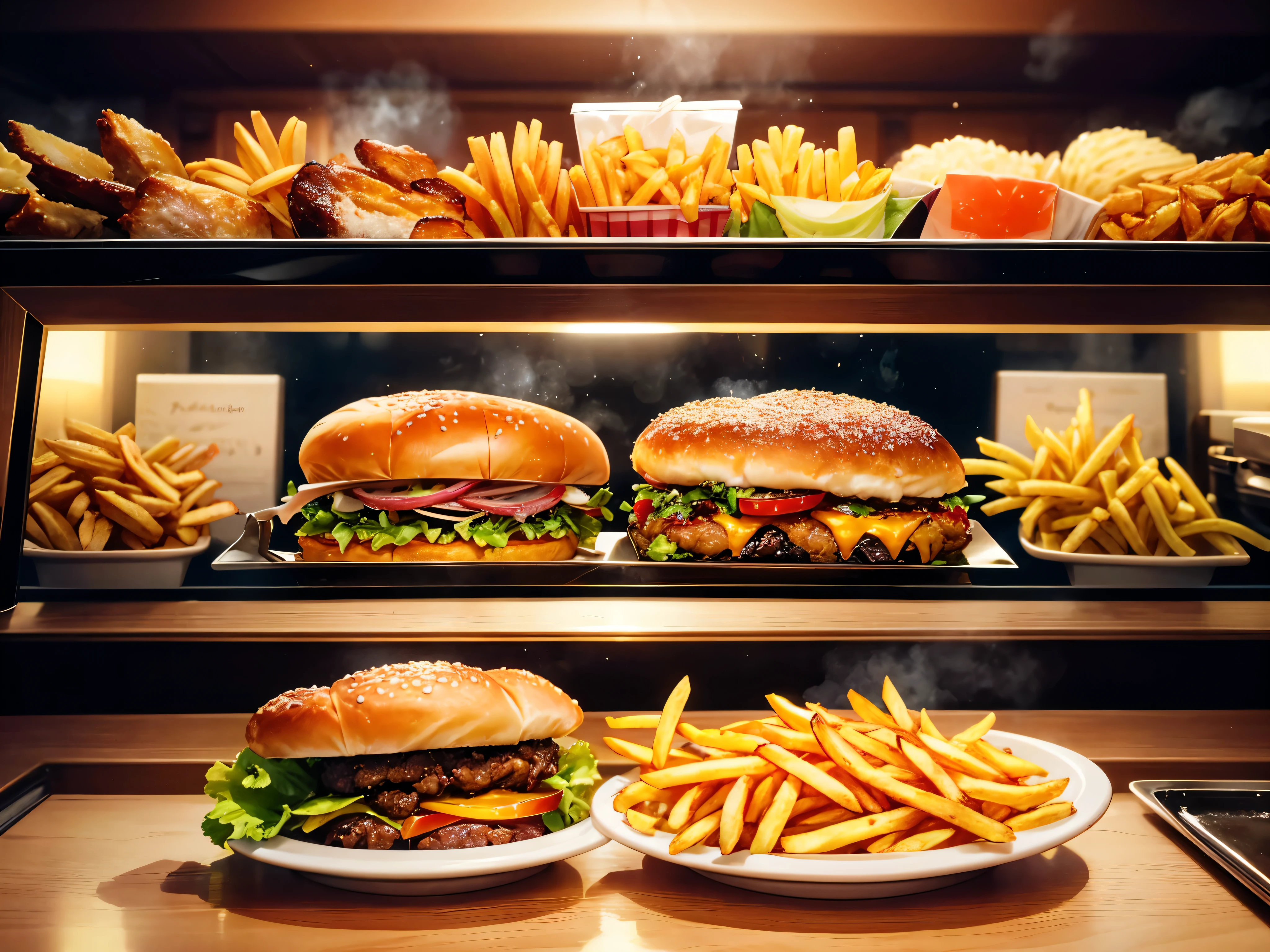 realistic photorealistic food, delicious juicy burger, crispy french fries, freshly baked bread, vibrant colors, warm lighting, detailed textures, mouthwatering presentation, appetizing steam, gourmet restaurant quality, professional food photography, depth of field, reflections, 8k, high resolution, cinematic composition, dramatic shadows