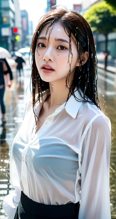 (a pretty asian woman, 28yo, tall & healthy figure, slender abs, layered long hair, ample bosom, wet white button up long shirt, lime pencil skirt, walking in open shirt show, rain, street, wet body, highly detailed face and skin texture, detailed eyes, double eyelid, bokeh, (best quality,8k,masterpiece:1.3), sharp focus:1.2, (wet:1.4,rain:1.2,street:1.4))