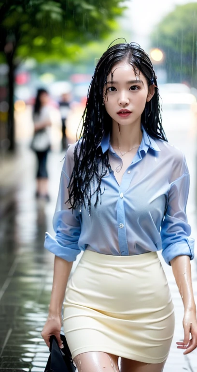 Beautiful fingers, a slender fair beautiful girl running on the busy streets of the city. The blue sky above her was clear, and the smell of rain filled the air. As she moved, the wet transparent bandeau skirt was soaked by the wet weather, clinging to her body, revealing her beautiful figure. Despite the rain, she moved forward with purpose and determination, her eyes fixed on her destination. --auto --s2