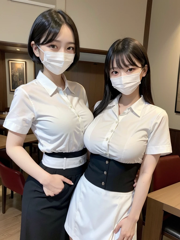 Highest quality、masterpiece、8k、Very detailed、Realistic、Looking at me with a smile、whole body、Black Hair、Short Hair、Small face、Slender、(Very large breasts:1.2)、Thin and beautiful legs、narrow and constricted waist,、(Family Restaurant Uniforms:1.2)、A tight-fitting white shirt with buttons and a collar、A short, black, high-waisted skirt、(Nobody background:1.2)、mask、See-through