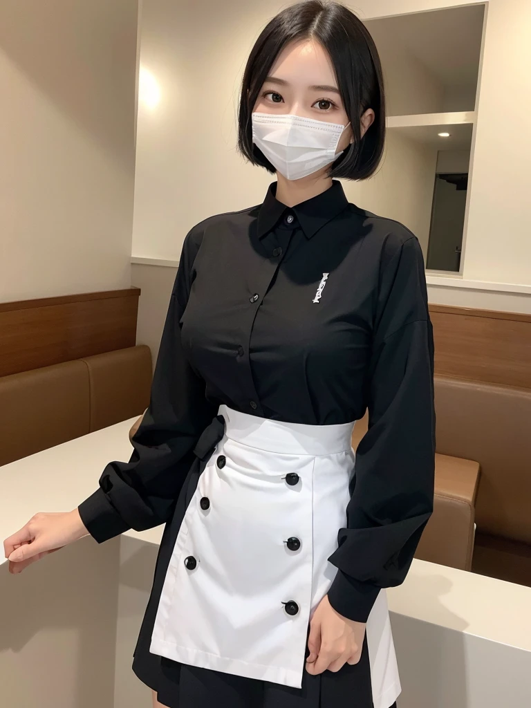 Highest quality、masterpiece、8k、Very detailed、Realistic、Looking at me with a smile、whole body、Black Hair、Short Hair、Small face、Slender、(Very large breasts:1.2)、Thin and beautiful legs、narrow and constricted waist,、(Family Restaurant Uniforms:1.2)、A tight-fitting white shirt with buttons and a collar、A short, black, high-waisted skirt、(Nobody background:1.2)、mask、See-through