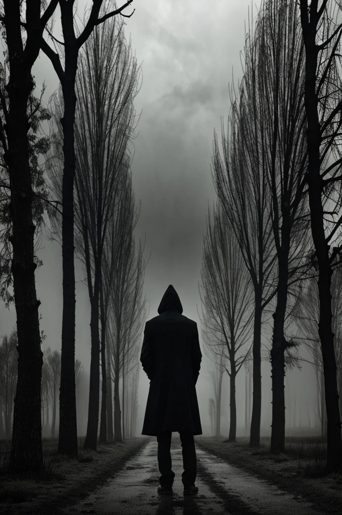 Image of a lonely figure, bent over and shrouded in shadows, with melancholic expression. around, there is a dark and oppressive landscape, perhaps with twisted trees and a gloomy cloudy sky. The figure appears to be consumed by loneliness and emotional weight, drawing