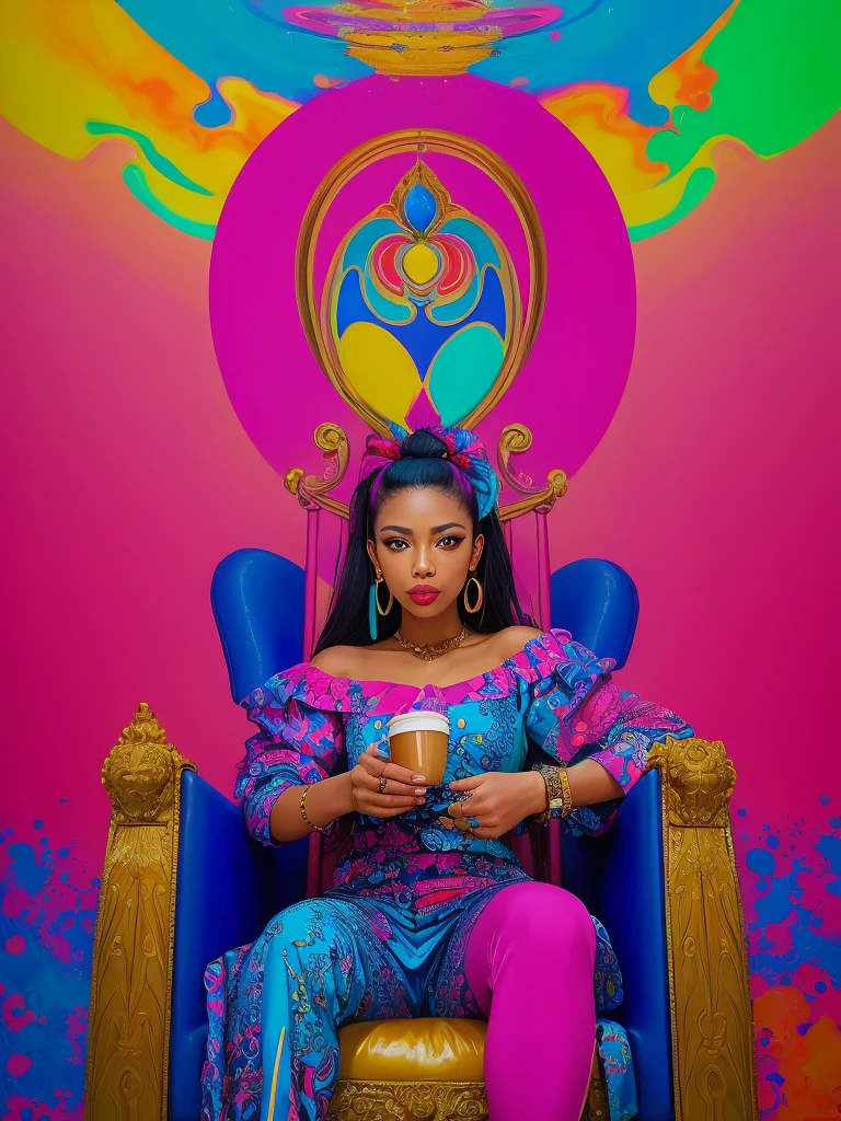 Close -up,woman sitting on a chair with a cup of coffee in her hand, in style of nadine ijewere, stylish pose, on a bright day, 🤬 🤮 💕 🎀, sitting down casually, edited, rich colourful, with a cool pose, young lady, * colour splash *, brightly coloured, colourful, vibrant aesthetic, profile image