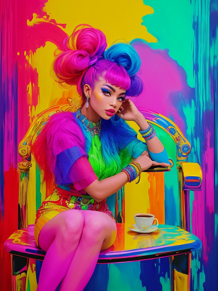 Close -up,woman sitting on a chair with a cup of coffee in her hand, in style of nadine ijewere, stylish pose, on a bright day, 🤬 🤮 💕 🎀, sitting down casually, edited, rich colourful, with a cool pose, young lady, * colour splash *, brightly coloured, colourful, vibrant aesthetic, profile image