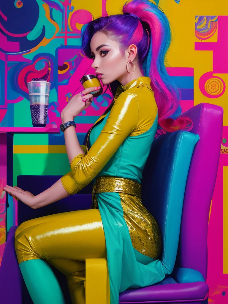 Close -up,woman sitting on a chair with a cup of coffee in her hand, in style of nadine ijewere, stylish pose, on a bright day, 🤬 🤮 💕 🎀, sitting down casually, edited, rich colourful, with a cool pose, young lady, * colour splash *, brightly coloured, colourful, vibrant aesthetic, profile image