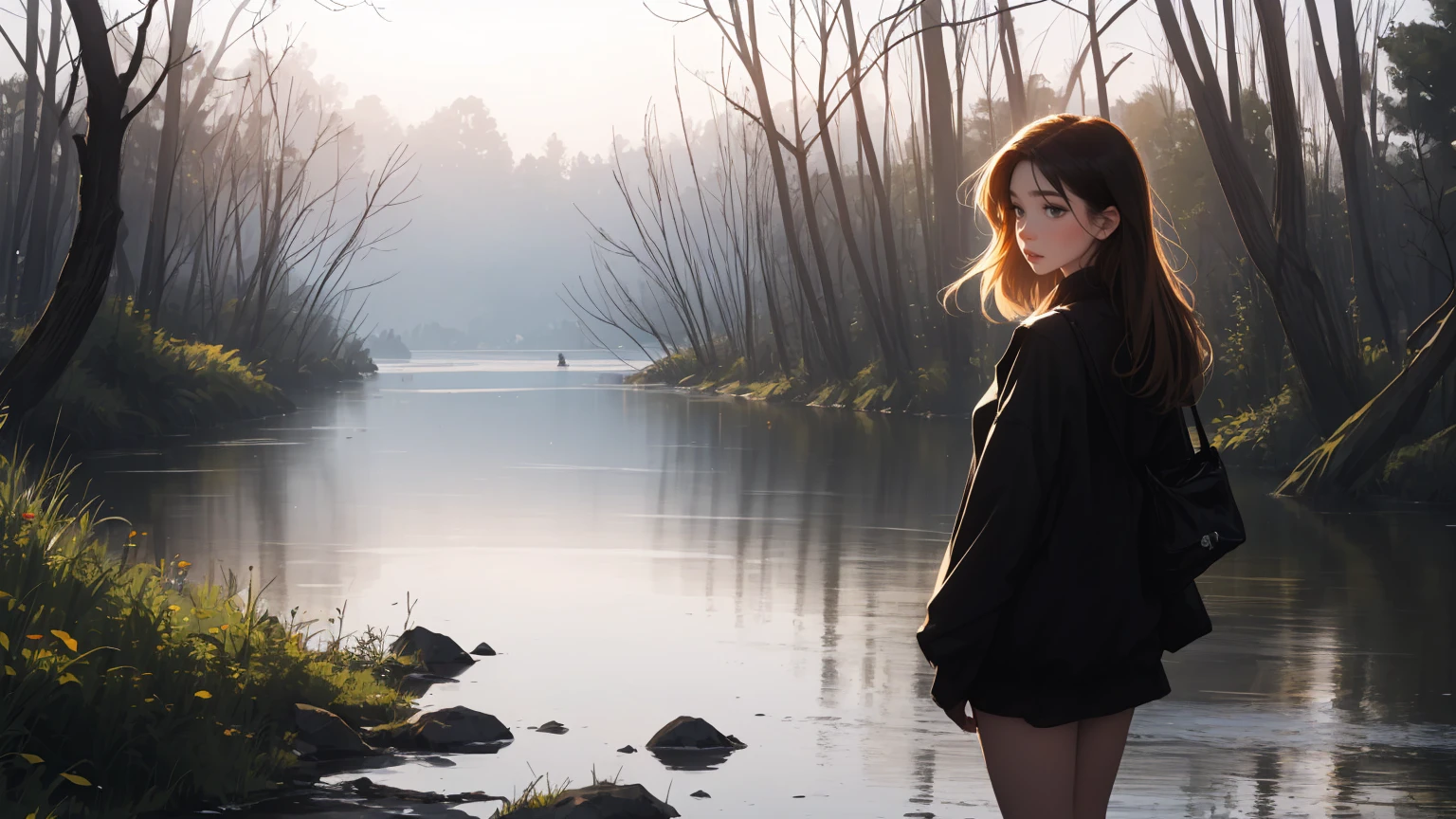 masterpiece, Best quality, 1 girl,((​masterpiece)), (best quality),, Natural river in ancient forest, mirror reflection on the river, naked lady, gorgeous beautiful face, stripped with leaves and splashes of water, black makeup and black lipstick, dark atmosphere, Concept art by Vadim Kashin, Artgerm, Bow is on her back, shy, short, Full body view, Single person, only Single person in image, Full body view, Spiritual peace, golden ratio composition, cowboy shot, brilliant, brilliant hair, (night:1.2),Dreamy, [[gentle fingers and hands:0.55]::0.85],(detailed fingers),),(emotional),(breathtaking),(main part:1.2) whole body.), (Anime Style), (Super Detailed), (brutal), (uhd, HDR), (8k), (High Resolution: 1.2), (Complex and Beautiful: 1.2)