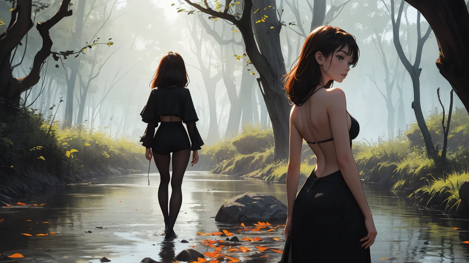 masterpiece, Best quality, 1 girl,((​masterpiece)), (best quality),, Natural river in ancient forest, mirror reflection on the river, naked lady, gorgeous beautiful face, stripped with leaves and splashes of water, black makeup and black lipstick, dark atmosphere, Concept art by Vadim Kashin, Artgerm, Bow is on her back, shy, short, Full body view, Single person, only Single person in image, Full body view, Spiritual peace, golden ratio composition, cowboy shot, brilliant, brilliant hair, (night:1.2),Dreamy, [[gentle fingers and hands:0.55]::0.85],(detailed fingers),),(emotional),(breathtaking),(main part:1.2) whole body.), (Anime Style), (Super Detailed), (brutal), (uhd, HDR), (8k), (High Resolution: 1.2), (Complex and Beautiful: 1.2)