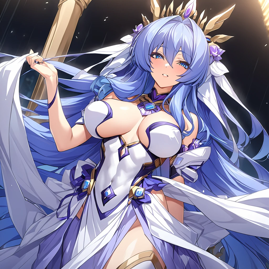 ((Highest quality)), ((masterpiece)), (detailed), (Perfect Face)、The woman is a goddess, Extia, who became the Greek goddess Hera.々Heraexia, the goddess of marriage and wife of Zeus, king of the、The woman is the goddess Heraexia, queen of the one and only god Zeus. She has medium-long blue hair, an engagement ring, gorgeous accessories, and is an elegant goddess, the graceful and beautiful queen of the gods Heraexia.、As the goddess Hera, the woman loved Zeus and served him as his wife.