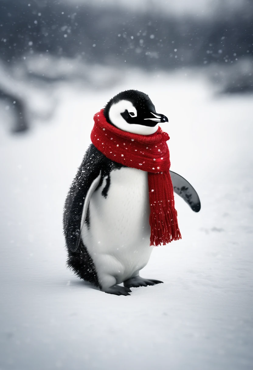 Extremely realistic photo oF adorable penguin in the snow, wearing a woolen red scarF, Christmas decoration, "Human Development Index, Rembrandt Lighting, F/8.5, 10mm lens" New Photographic Pictorialism.