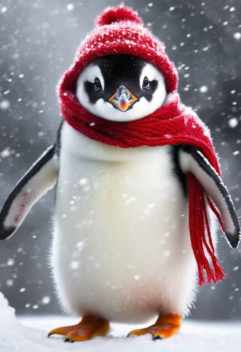 Extremely realistic photo oF adorable penguin in the snow, wearing a woolen red scarF, Christmas decoration, "Human Development Index, Rembrandt Lighting, F/8.5, 10mm lens" New Photographic Pictorialism.