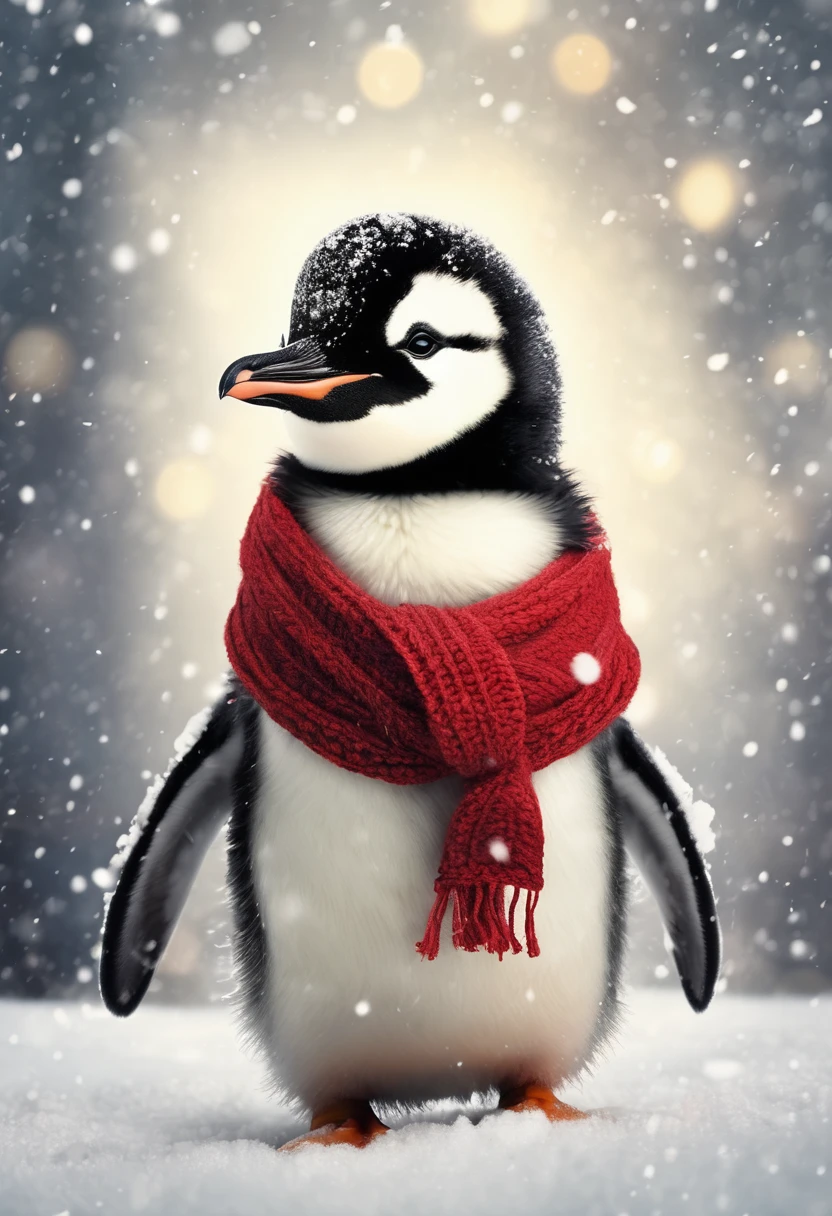 Extremely realistic photo oF adorable penguin in the snow, wearing a woolen red scarF, Christmas decoration, "Human Development Index, Rembrandt Lighting, F/8.5, 10mm lens" New Photographic Pictorialism.