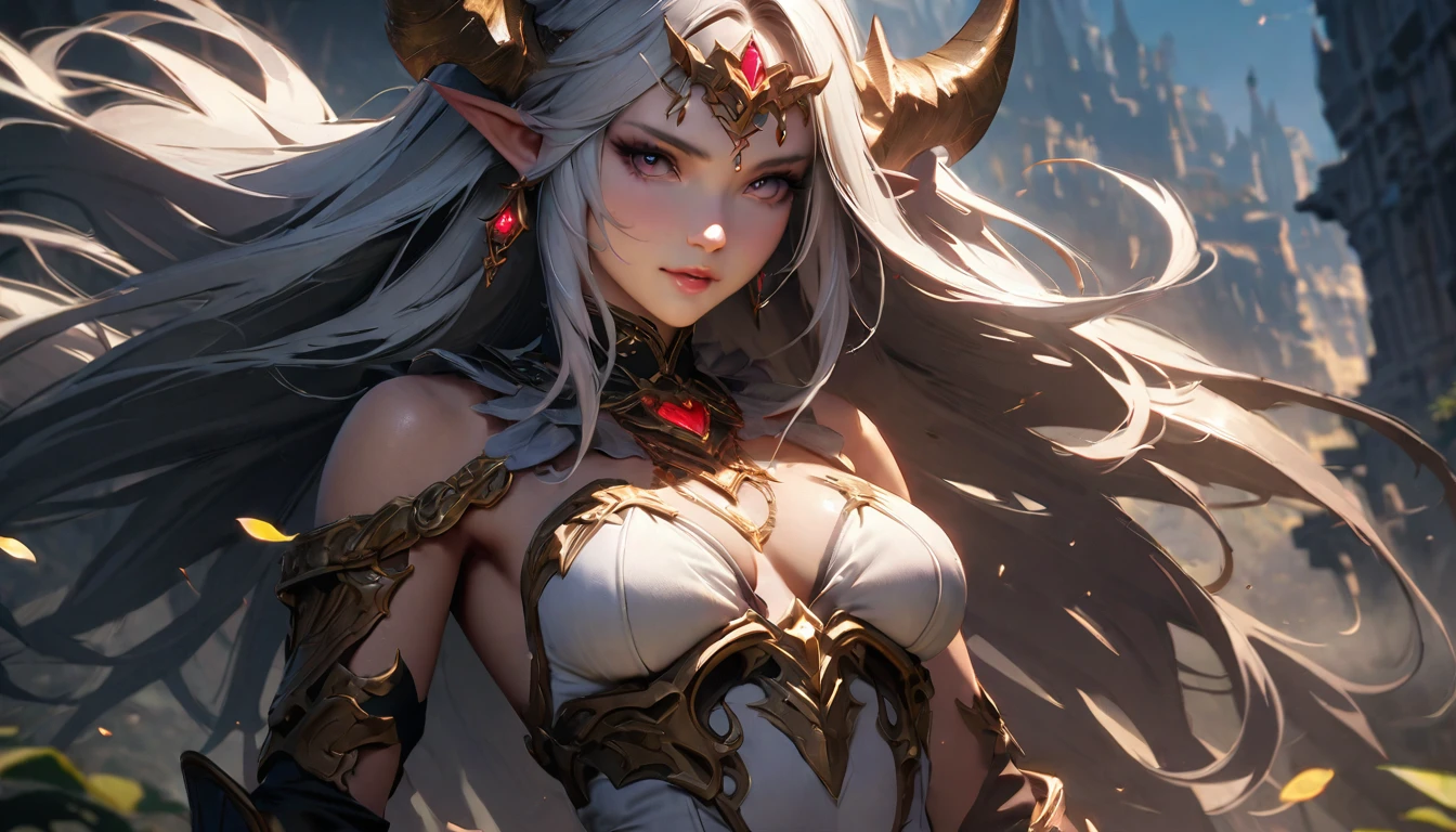 masterpiece, Best quality, 1 girl,photo, Studio photography, from the waist up, upper body, close-up of a woman with white hair and a horned face, dark Elf princess, beautiful dark Elf countess, Diablo 4 queen, 4k fantasy art, Diablo 4 Lilith, 8K fantasy art, dark Elf maiden, Кароль за uhd, dark Elf, hyper detailed fantasy character, detailed fantasy art, Фэнтезийное искусство Unreal Engine, ancient ring elf, the evening Mediterranean light casts a warm glow on her porcelain skin., High-resolution image, digital painting, Spiritual peace, golden ratio composition, cowboy shot, brilliant, brilliant hair, (night:1.2),Dreamy, [[gentle fingers and hands:0.55]::0.85],(detailed fingers),),(emotional),(breathtaking),(main part:1.2) whole body.), (Anime Style), (Super Detailed), (brutal), (uhd, HDR), (8k), (High Resolution: 1.2), (Complex and Beautiful: 1.2)