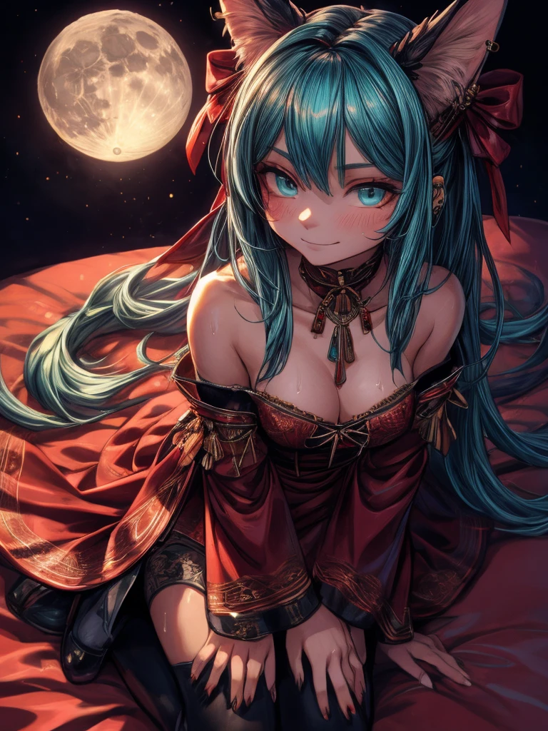 Miku Hatsune, add high definition_detail:1, tribal tattoo add_detail:1,put on the leg, Walking position during full moon showing her beautiful figure and outfit.. (black off shoulder blouse, mini ahort ) sweaty body add_details:1, smiling add_detailsl:1, ear piercing add_detail:1, cover position in bed add_detail, horny girl add_detail:1, seductive position add_detail:1, RED Saturation, photo style lighting add_detail:1, sensual bondage add_detail, very fine and detailed hands add_detail, cara angelical, (victorian dress), bi color hair, aqua red, BREAK: transformation with the moon add_detail, top view from above