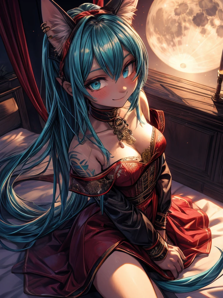 Miku Hatsune, add high definition_detail:1, tribal tattoo add_detail:1,put on the leg, Walking position during full moon showing her beautiful figure and outfit.. (black off shoulder blouse, mini ahort ) sweaty body add_details:1, smiling add_detailsl:1, ear piercing add_detail:1, cover position in bed add_detail, horny girl add_detail:1, seductive position add_detail:1, RED Saturation, photo style lighting add_detail:1, sensual bondage add_detail, very fine and detailed hands add_detail, cara angelical, (victorian dress), bi color hair, aqua red, BREAK: transformation with the moon add_detail, top view from above