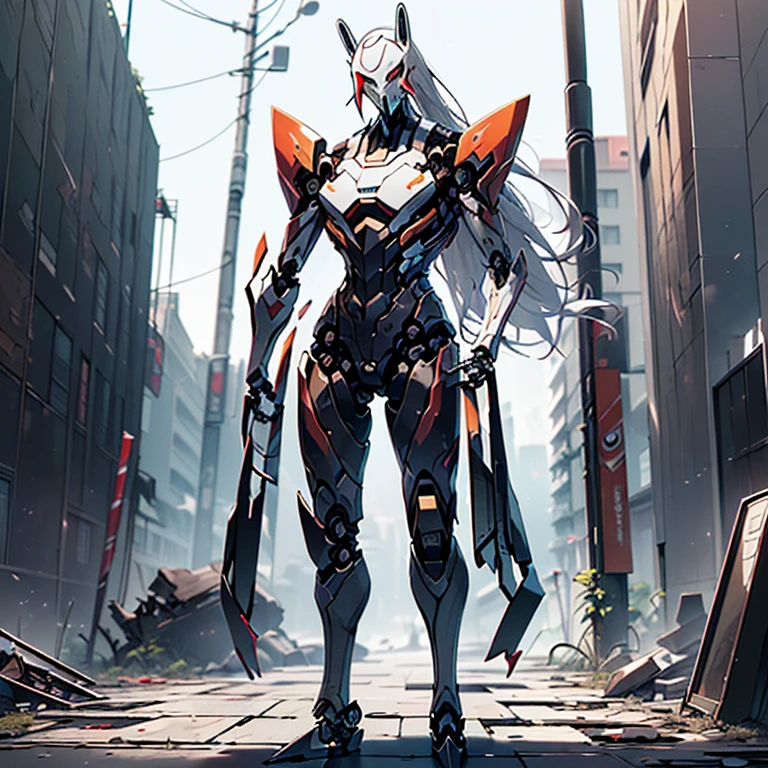 (Fox Girl, Fox Ears, Silver Hair, Fox Makeup, One Girl, Long Hair, Alone on the screen, dark skin, High definition, high resolution:1.6), (mecha musume, Machinery Parts,Robot Joints, White and red clothes, Full body mechanical suit:1.8), (Body measurements are 75-60-75!, Young girl body, Small breasts, Proudly, Standing posture, slender, muscle:1.9), Avatar, face, 色っぽいface, Dominant representation, naughty face, Uplifting, Skin Texture, outside, ruins, Ruined City, Broken Building, There are no people