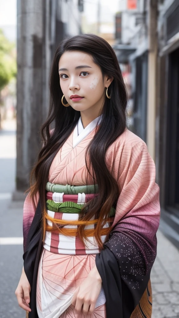 Cute Japanese woman, (16 years old), (Very cute face: 1.3), White moist skin, Looking at the camera, Melancholy expression,
BREAK,
Idol,
BREAK,
(Wearing cute kimono: 1.3), (Highly revealing kimono), Very large earrings, Short length,
BREAK,
(Fighting pose: 1.3),
BREAK,
(Long hair), (Pink hair: 1.2), (Wavy hair), (Gradient hair: 1.3), (Red hair at the ends),
BREAK,
(Realistic: 1.3), Masterpiece, Perfect lighting, (Ultra-high resolution), (8K), (Very detailed: 1.4), (From the front), (Full body: 1.3), (Symmetrical: 1.2),
BREAK,
(Japanese city streets: 1.2),
BREAK,
(Demon Slayer: 1.4),
BREAK,
(Hirose Suzu: 1.2),