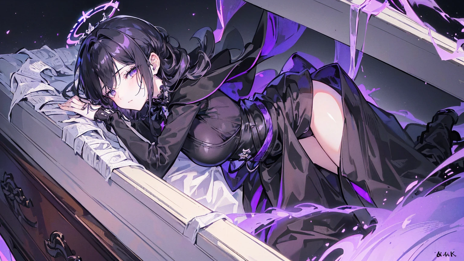 (Super detailed)),((illustration))，((masterpiece)),(((need))),((fine、Highest quality CG Unity 8K wallpapers，masterpiece），（（4K，masterpiece，best quality）），Black hair queen，Waist-length hair，Royal sister，Sexy，Tall figure，Lilac eyes，Sleeping in a coffin，mummy，The whole body is wrapped in bandages，Limbs wrapped in bandages，There is a coffin beside him，Mature，Hair Bunch，Hair tied on both sides，Black and purple French vintage clothing，Gorgeous pure black cape，Black veil，Purple-white halo，Black purple boots，Bones piled up underfoot，Wearing a crown on the head，Holding a knight&#39;s sword，pyramid，Emitting dim purple light，Brilliant palace，Mysterious symbols,individual，Emit a dim light，Full body picture