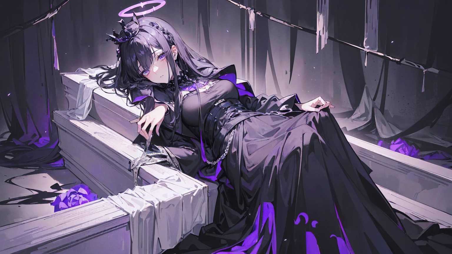 (Super detailed)),((illustration))，((masterpiece)),(((need))),((fine、Highest quality CG Unity 8K wallpapers，masterpiece），（（4K，masterpiece，best quality）），Black hair queen，Waist-length hair，Royal sister，Sexy，Tall figure，Lilac eyes，Sleeping in a coffin，mummy，The whole body is wrapped in bandages，Limbs wrapped in bandages，There is a coffin beside him，Mature，Hair Bunch，Hair tied on both sides，Black and purple French vintage clothing，Gorgeous pure black cape，Black veil，Purple-white halo，Black purple boots，Bones piled up underfoot，Wearing a crown on the head，Holding a knight&#39;s sword，pyramid，Emitting dim purple light，Brilliant palace，Starry Sky，Mysterious symbols,individual，Emit a dim light，Full body picture