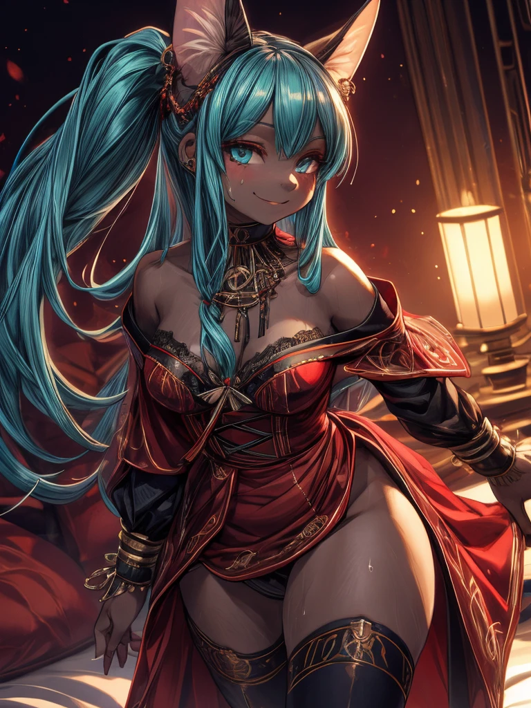 Miku Hatsune, add high definition_detail:1, tribal tattoo add_detail:1,put on the leg, Walking position during full moon showing her beautiful figure and outfit.. (black off shoulder blouse, mini ahort ) sweaty body add_details:1, smiling add_detailsl:1, ear piercing add_detail:1, cover position in bed add_detail, horny girl add_detail:1, seductive position add_detail:1, RED Saturation, photo style lighting add_detail:1, sensual bondage add_detail, very fine and detailed hands add_detail, cara angelical, (victorian dress), bi color hair, aqua red, bottom view from below