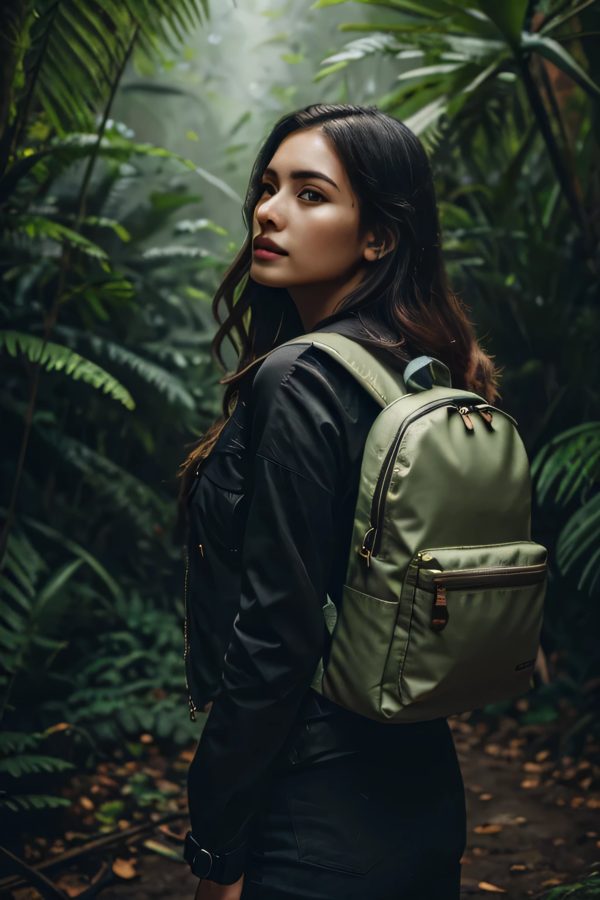 a woman with a backpack walking through a lush, dense rainforest, beautiful detailed eyes, beautiful detailed lips, extremely detailed face and eyes, long eyelashes, adventurous expression, detailed clothing, realistic lighting, volumetric fog, dramatic moody lighting, vibrant colors, stunning 4k, highly detailed, photorealistic, masterpiece