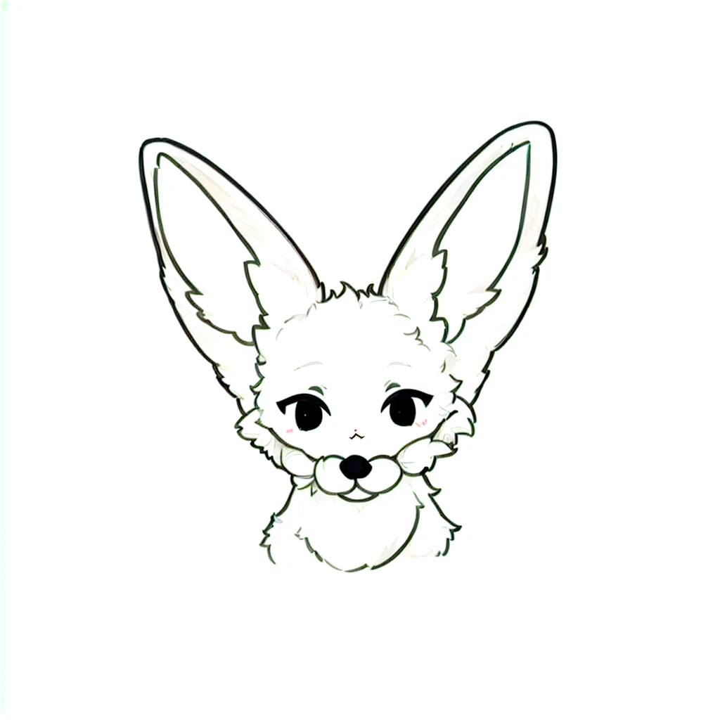 a drawing of a small white animal with big ears, with pointy ears, fox ears illustration, slightly - pointed ears, two pointed ears, long pointy ears, hatched pointed ears, pointy ears, stylised fox - like appearance, simple lineart, large ears, fluffy ears, fluffy ears and a long, pale pointed ears, cute ears, fennec