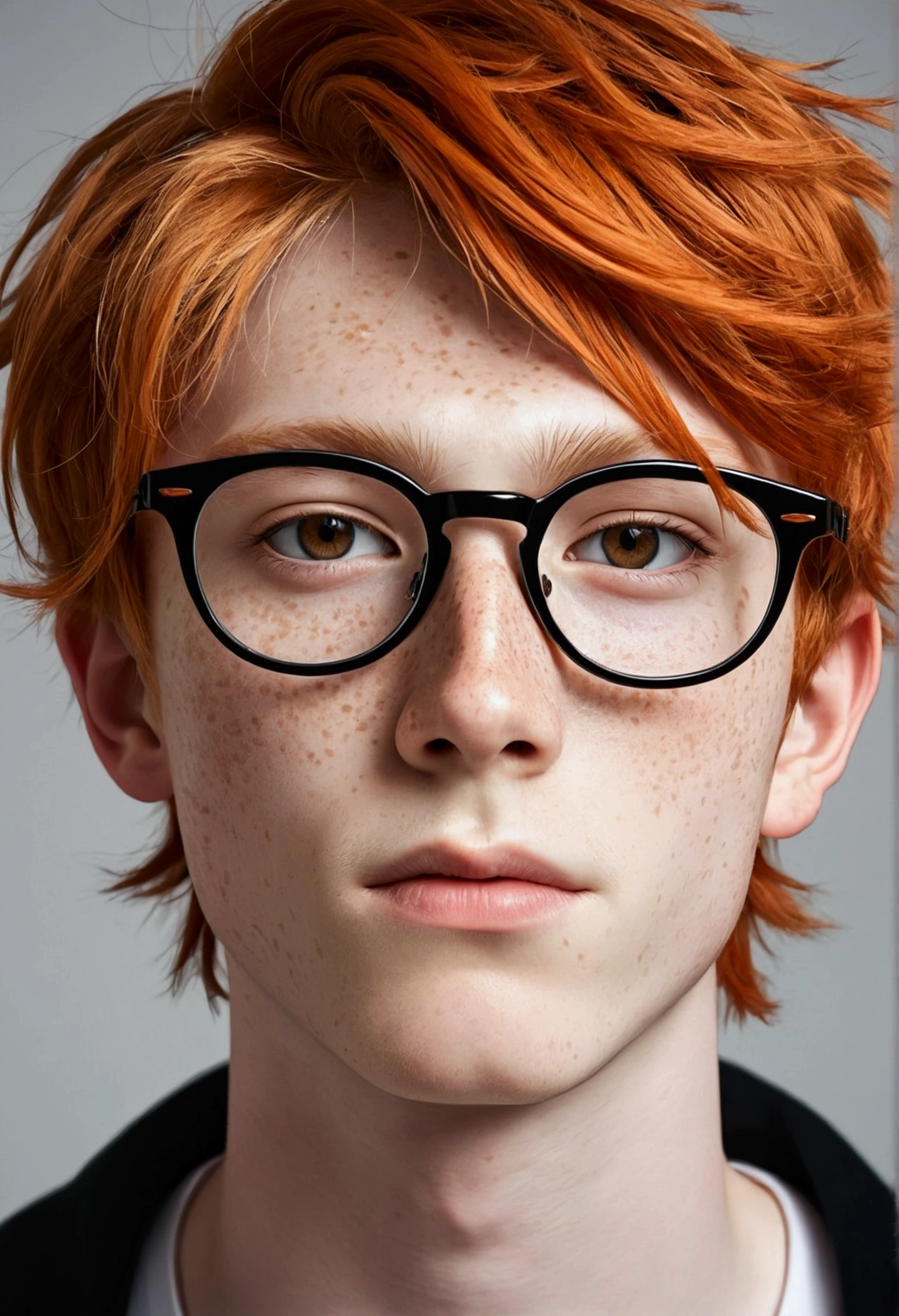Orange redhead age boy with white skin and freckles wears black thin glasses... anime style