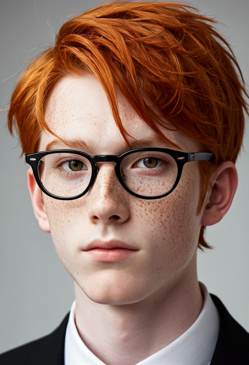 Orange redhead teenage boy with white skin and freckles wears black thin glasses... anime style