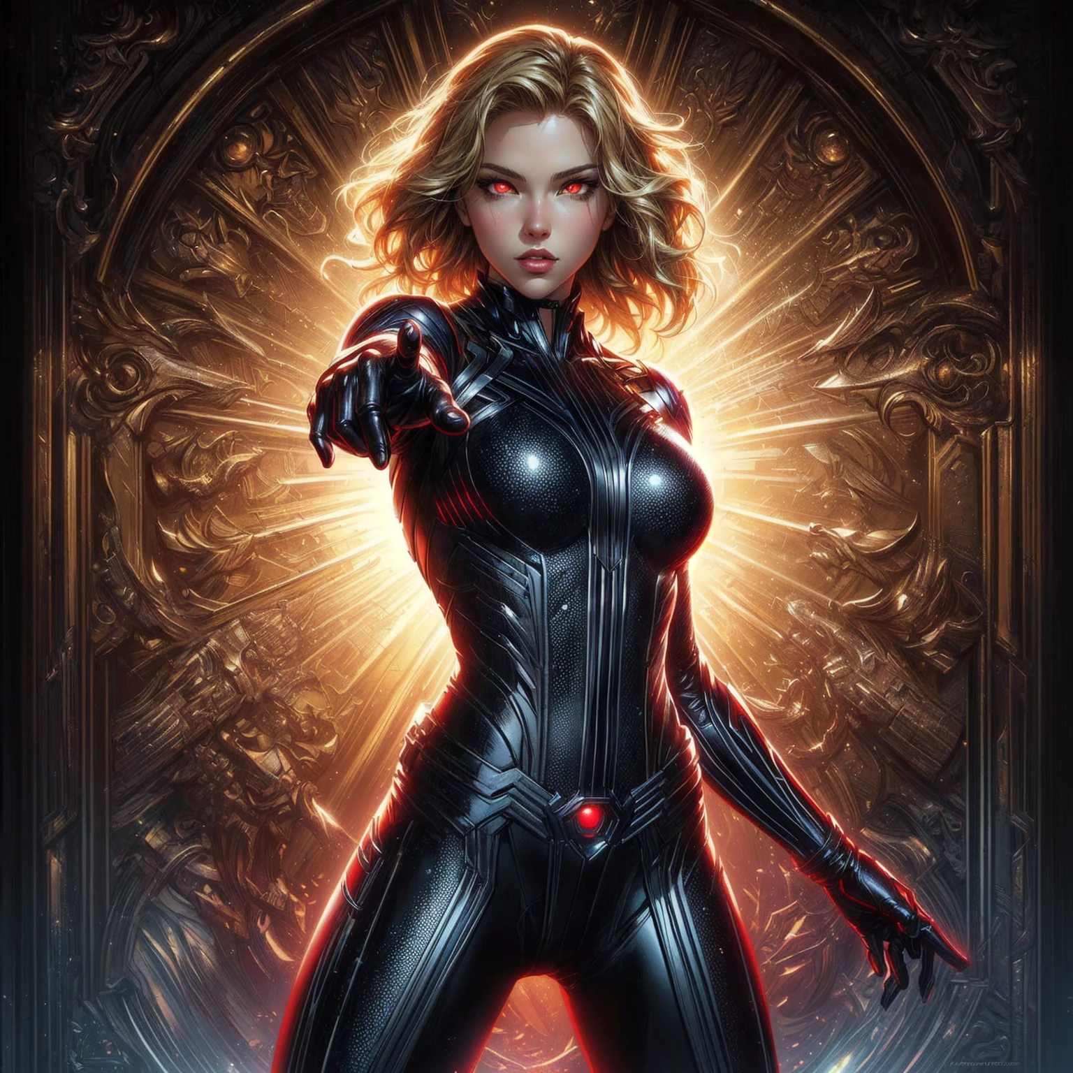 a blonde superheroine in a shiny black leather costume is pointing at the viewer, (glowing eyes, red eyes), artgerm julie bell beeple, textless, marvel concept art, drew struzan tomasz alen kopera, chris moore. artgerm, marvel art, by Mark Brooks, mark brooks detailed, drew struzan illustration art, black widow, extremely detailed artgerm