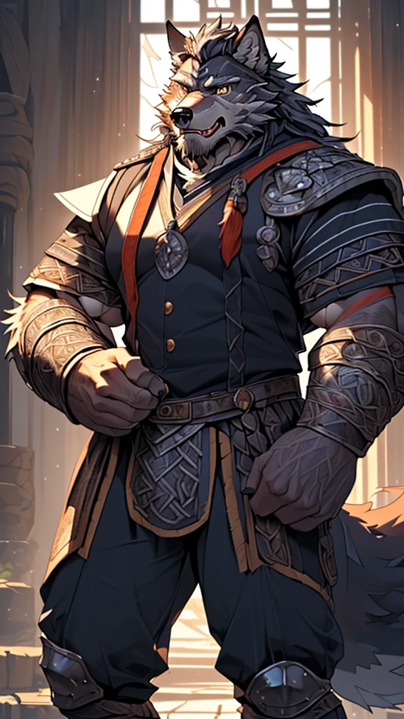 (masterpiece),(highres),(intricate details:1.4),extremely detailed,(illustration:1.2),8k,photorealistic,exquisite,(daddy:1.5),aged,(elder male wolf:1.7),muscular,(Viking warrior:1.5),(brave and powerful:1.5),manhood,warrior,long hair,long beard,(numerous scars),(bulging crotch:1.8),(homosexual:1.5),(roaring:1.5),(a uniform that fits snugly against the body:1.6)