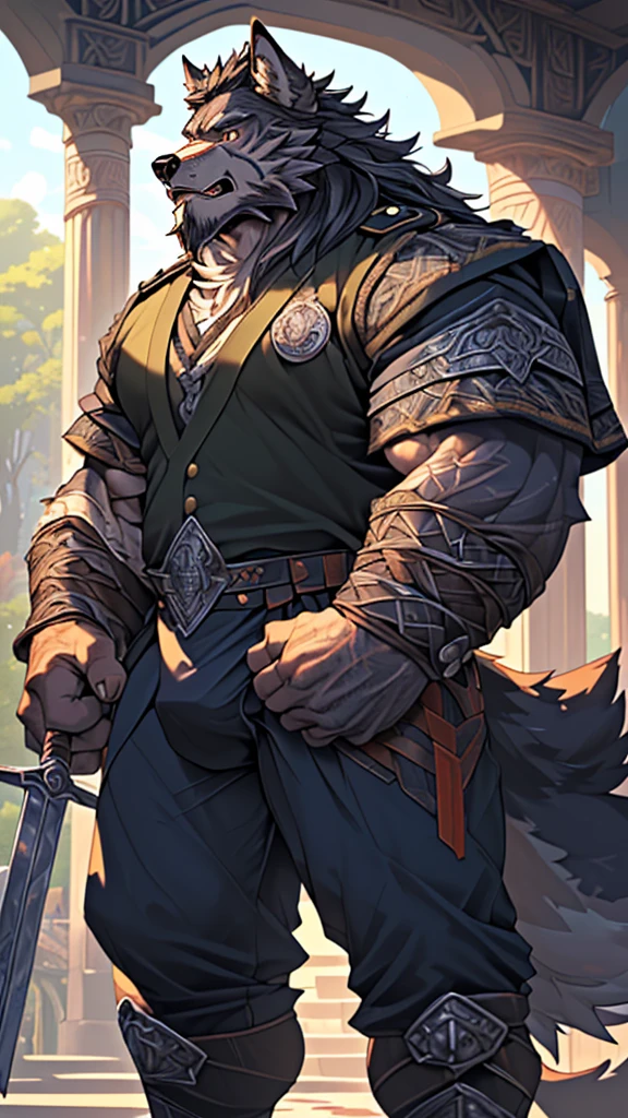 (masterpiece),(highres),(intricate details:1.4),extremely detailed,(illustration:1.2),8k,photorealistic,exquisite,(daddy:1.5),aged,(elder male wolf:1.7),muscular,(Viking warrior:1.5),(brave and powerful:1.5),manhood,warrior,long hair,long beard,(numerous scars),(bulging crotch:1.8),(homosexual:1.5),(roaring:1.5),(a uniform that fits snugly against the body:1.6)