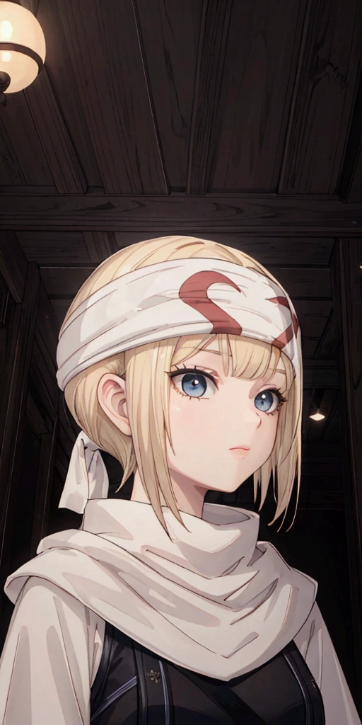 masterpiece), best quality, high resolution blonde 1girl bob cut medium hair standing alone cowl headband profile image looking at viewer beautiful eyes beautiful face extremely detailed
