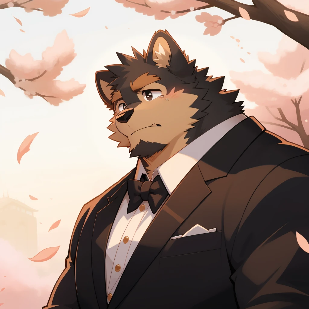 Scribble German Shepherd dog face,cry,Humanity(dog),(Formal wear:1.3),muscular,(Brown eyebrows:1.1),（Close one eye:1.2）,(Perfect black eyes),Cherry blossoms,Black fur。（artist:Takemoto Arashi）