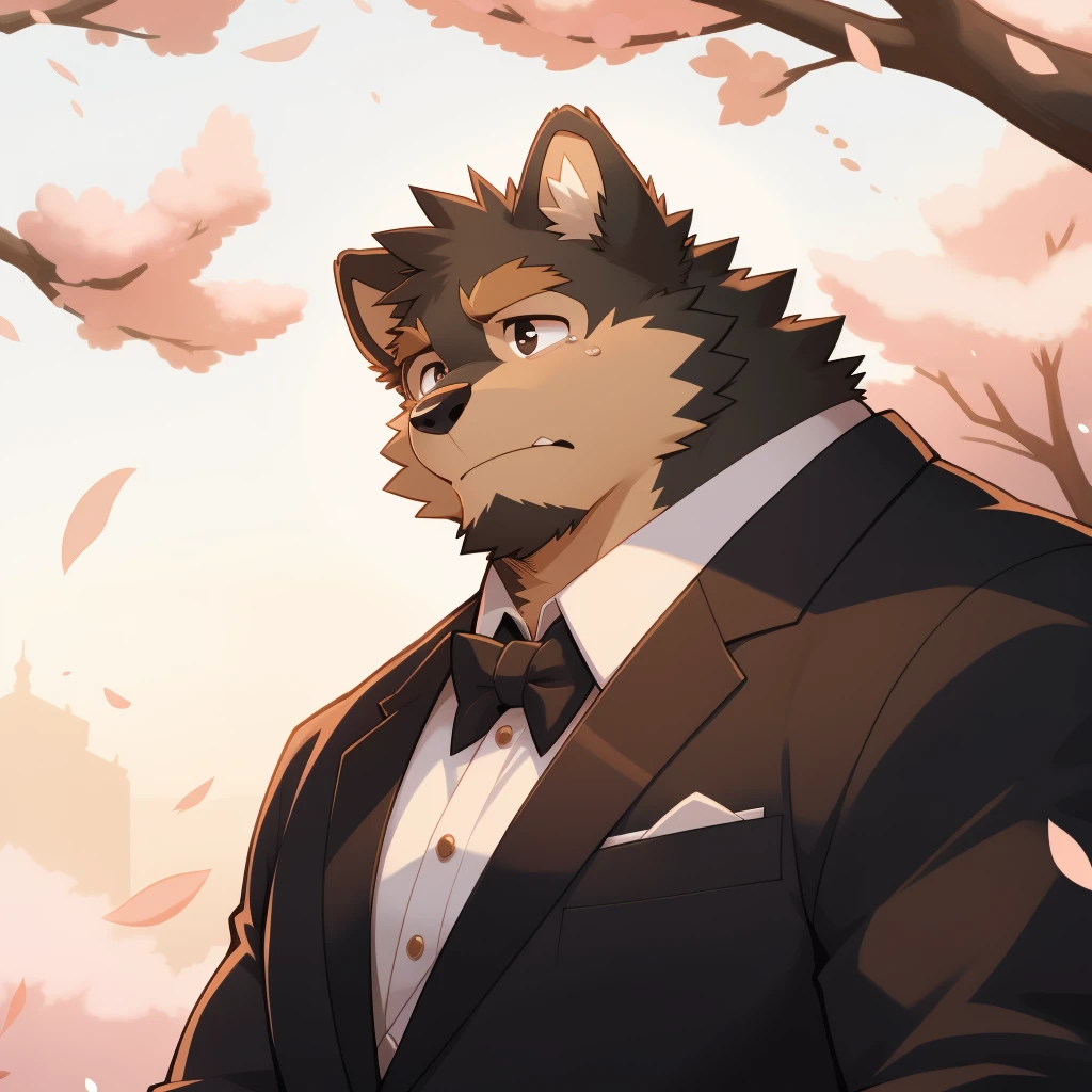 Scribble German Shepherd dog face,cry,Humanity(dog),(Formal wear:1.3),muscular,(Brown eyebrows:1.1),（Close one eye:1.2）,(Perfect black eyes),Cherry blossoms,Black fur。（artist:Takemoto Arashi）