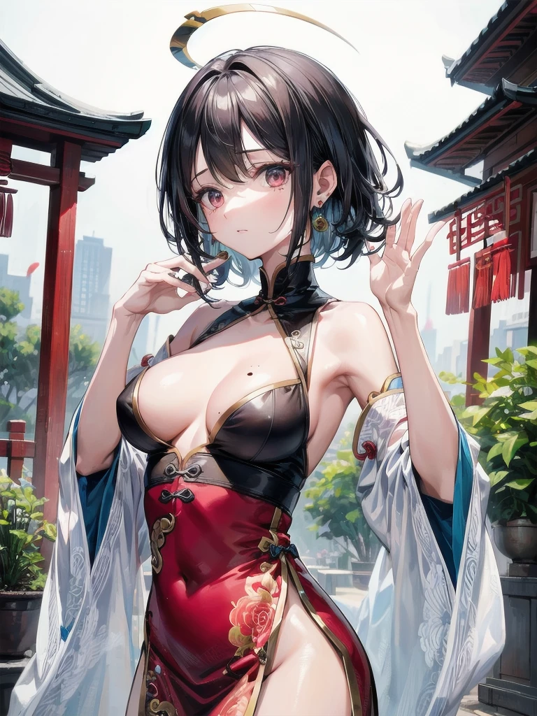 absurdres, RAW photo, extremely delicate and beautiful, masterpiece, Best Quality, ultra high resolution, 32k, hyperrealistic, ultra-detailed, perfect figure, Perfect Style, Perfect balance, in her 20s, very small head, very small face, delicate facial features, tearful mole, earring, very huge round breasts, whole body shot, short medium hair, wavy hair, outdoor, (outdoor:1.2), jiangshi, chinese clothes,