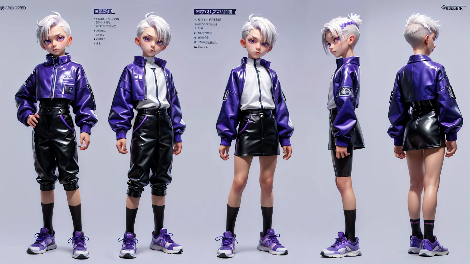 cute face boy, cute face, short height boy, wearing casual futuristic purple color pent, purple dress, full standing pose, Undercut white hairs, Undercut white hair style, sports shoes, Character Sheet, 12 yo student, Full body, Simple white background, front straight pose character reference sheet, Concept art, design sheet