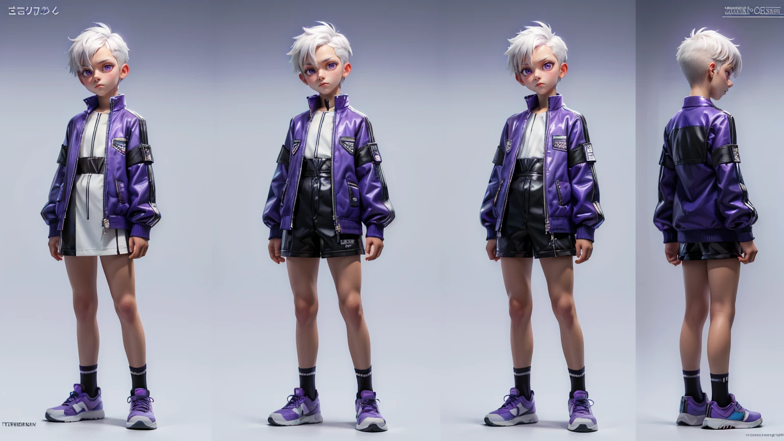 cute face boy, cute face, short height boy, wearing casual futuristic purple color pent, purple dress, full standing pose, Undercut white hairs, Undercut white hair style, sports shoes, Character Sheet, 12 yo student, Full body, Simple white background, front straight pose character reference sheet, Concept art, design sheet