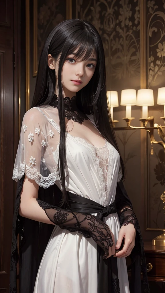 (surreal), (shape), (Improved resolution), (8k), (very detailed), (Best shape), (beautiful and detailed eyes), (highest quality), (Super detailed), (masterpiece ), ( wallpaper), (detailed face), 1 girl, , white dress, looking at the viewer, small details, detailed face, in the dark, deep shadow, private key, Pure erotic face ace_v1, smile, long hair, black shawl straight hair , 46 point diagonal bangs