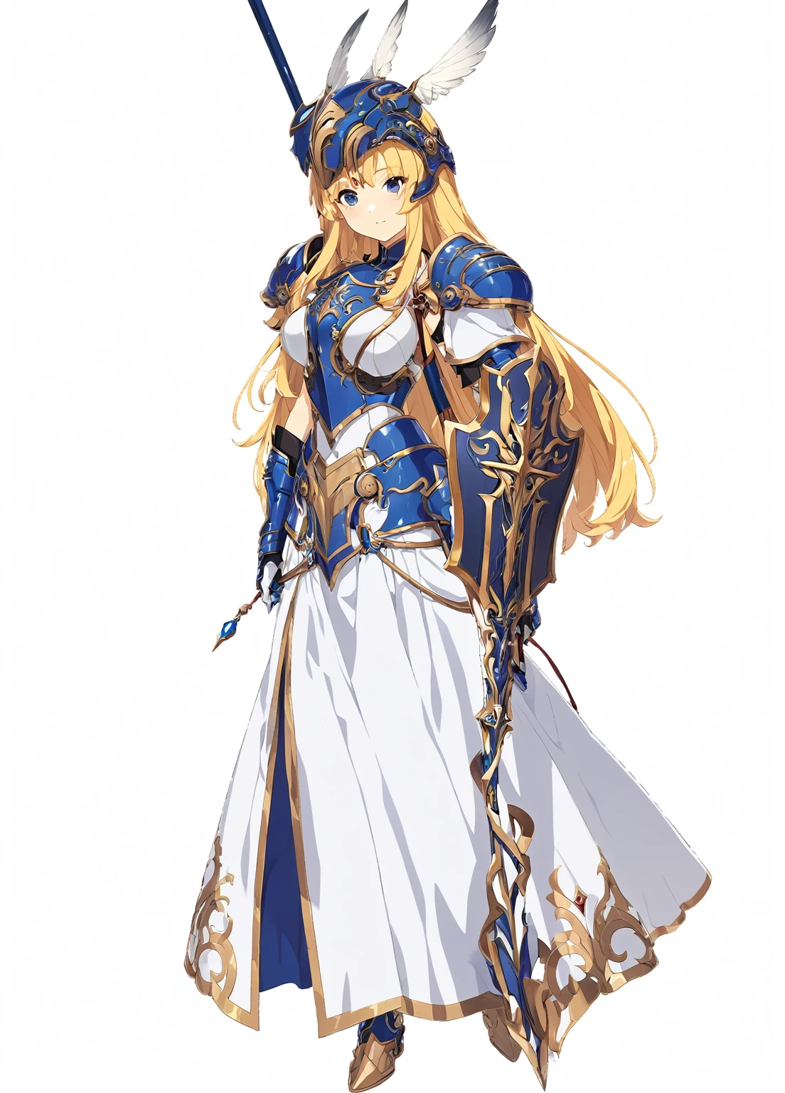 high quality, high resolution, high qualityのゲームアートスタイル, whole body,valkyrie,perfect hand,Official Art, Smooth game CG art, Visual Novel Sprites, White background,Smooth game CG art, (((Woman holding a long spear))),Woman wearing a white dress and blue armor, An intricately designed helmet with white feathers,Small shield, (((In his right hand he holds an elaborate long spear))),Exquisite Blue Armor,Golden Hair, long hair, female knight, Rin々Shii,Large Bust,20-year-old,