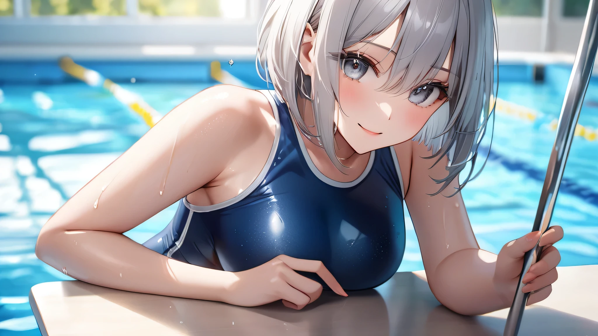 very cute and beautiful girl, (highly detailed beautiful face), (blue school swimsuit), sweat, wet, waterdrop, school swimming pool, looking at viewer, (platinum silver hair:1.5), (airy bob cut:1.6), (bang between eyes:1.4), (glossy silver eyes:1.5), large breasts, little smile, (best quality, masterpiece), absurdres, highres, ultra-detailed, extremely detailed, 32k, cinematic scene, detailed background, solo, (on the table:1.2)