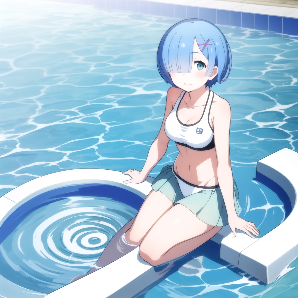 rem, short hair,green eyes, hairclip,White bikini , sports bra, smile, pool, (Water ripple effect around the body:1.3)