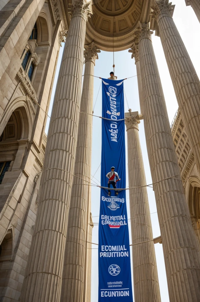 a person balancing on a tightrope, suspended between two towering pillars labeled "Economic Growth" and "Social Justice." The tightrope walker is wearing a suit adorned with logos representing big businesses and corporations, holding bags of money in one hand. On the other hand, citizens from various backgrounds are holding placards with slogans like "Equal Rights," "Environmental Protection," and "Fair Wages."