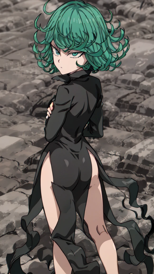 Anime art style, tatsumaki from one punch man, green hair, white skin, standing on destroyed city, cinematic lights, blushing cheeks, smilling, looking back at viewers, grabbing her ass, big booty, NSFW, back view, beautiful scenery.