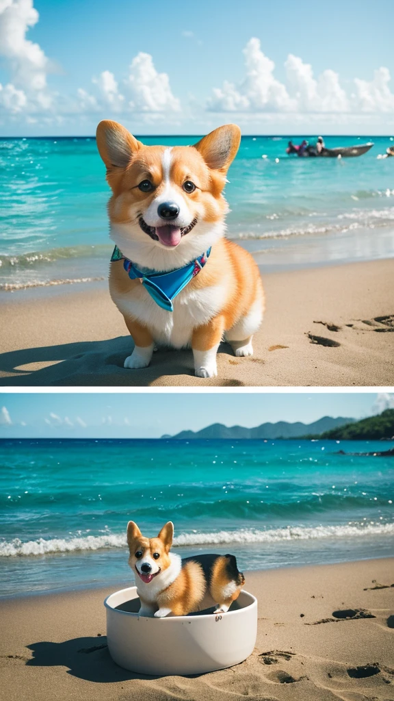 In a tropical town, there lived a corgi named Taro. Every day, he played on the beach, received delicious treats, and slept peacefully in his fluffy bed by the shore at night, enjoying his tranquil daily life. (Anthropomorphize the corgi.)