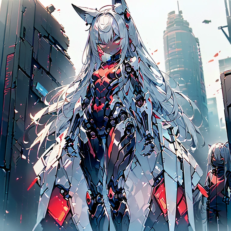 (Fox Girl, Fox Ears, Silver Hair, Fox Makeup, One Girl, Long Hair, Alone on the screen, dark skin, High definition, high resolution:1.6), (mecha musume, Machinery Parts,Robot Joints, White and red clothes, face以outside全身機械スーツ:1.8), (Body measurements are 75-60-75!, Young girl body, Small breasts, Proudly, Standing posture, slender, muscle:1.9), Avatar, face, 色っぽいface, Dominant representation, naughty face, Uplifting, Skin Texture, outside, ruins, Ruined City, Broken Building, There are no people