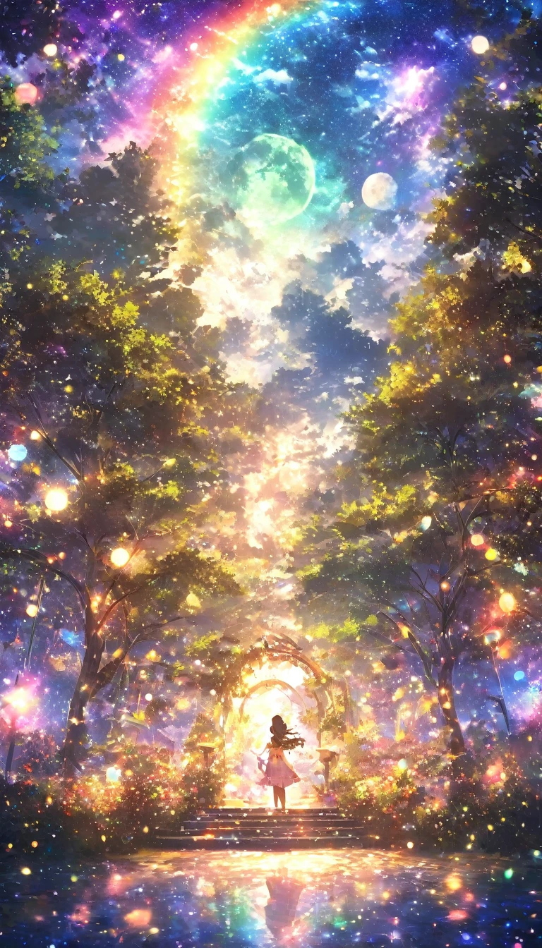 masterpiece, Concept Art, Panorama, in the center, shape, Wide Shot, garden, night, (流star), Space galaxy background, (Great composition, Epic scale), Dynamic Lighting, Fantasy, Green tree,1 Girl,Glowing light particles、star、Sparkle、full moon、rainbow