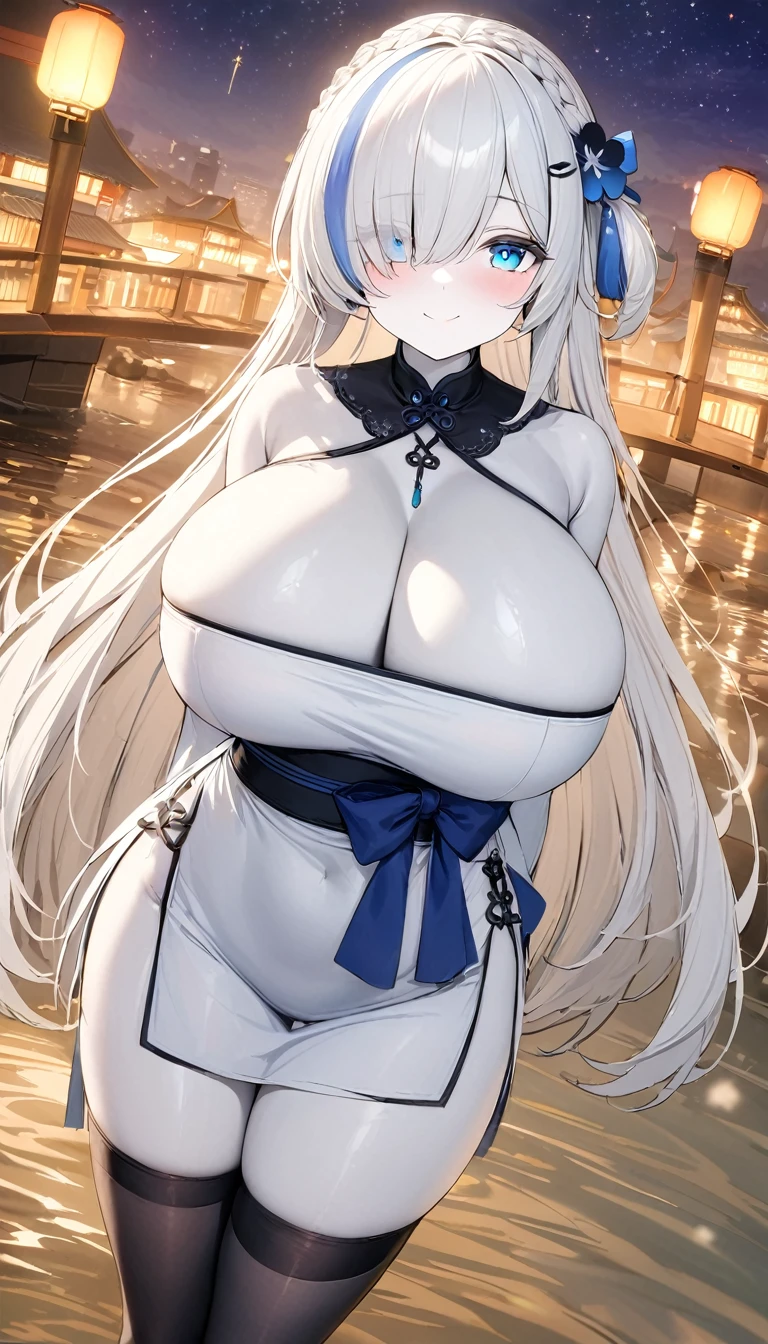 (masterpiece, high quality, high detail, 4k, rtx, high resolution:1.2),blue_streaked_hair,hair_over_one_eye, blue_eyes,very long hair,braid,white hair_ornament,white skin,black nail_polish,aged_down, cute face,solo,1girl, aerial_fireworks, architecture, aurora, bridge, building, city_lights, cityscape, cloud, constellation, crescent_moon, earth_(planet), east_asian_architecture, festival, fireflies, fireworks, flower, fountain, full_moon, galaxy, hair_ornament, horizon,(white dress, tubetop dress, china_dress, y pose:1.3), thighs, thighhighs,(strapless:1.2), (beautiful huge bre5),lantern, light_particles, looking_at_viewer, milky_way, moon, moonlight, night, night_sky, obi, onsen, outdoors, paper_lantern, planet, reflection, sash, shooting_star, sky, skyline, skyscraper, smile, snow, snowing, solo, space, sparkle, standing, star_(sky), star_(symbol), starry_background, starry_sky, starry_sky_print, summer_festival, sunrise, tanzaku, telescope, torii, tower, twilight,wading, water,arms behind back,finger polish