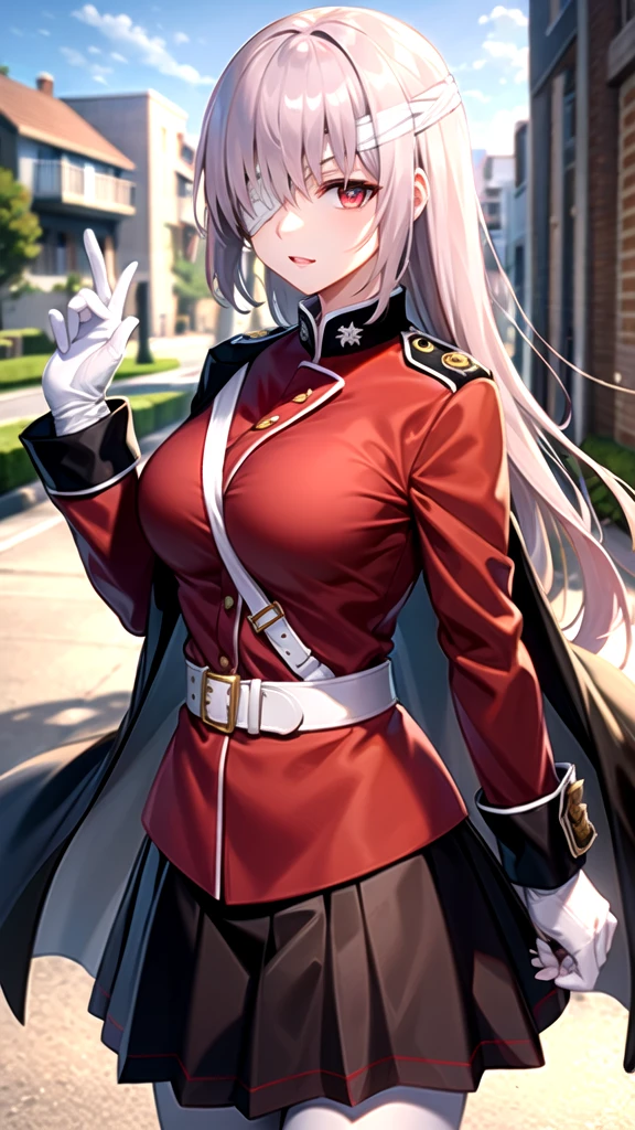 masterpiece, best quality, highres, bbfng, long hair, large breasts, bandage over one eye, black coat, coat on shoulders, military uniform, red jacket, long sleeves, white gloves, belt, pleated skirt, black skirt, white pantyhose, cowboy shot, standing, outdoors, looking at viewer, 